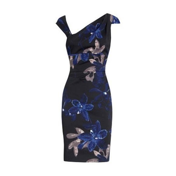Karen Millen Floral Sheath Dress Asymmetrical Neck Blue Satin Cap Sleeve DK157 6 - Picture 1 of 8